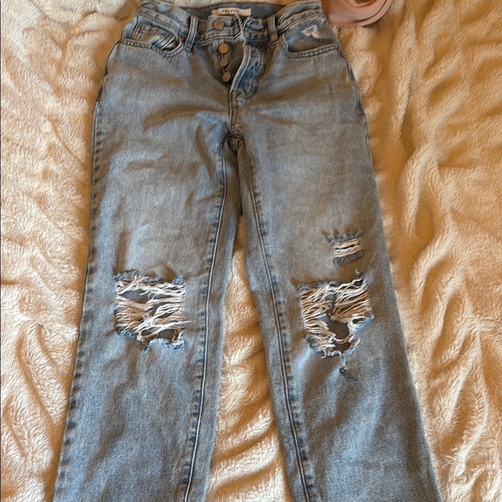 PacSun Blue Straight Leg Jeans with Distressed Details